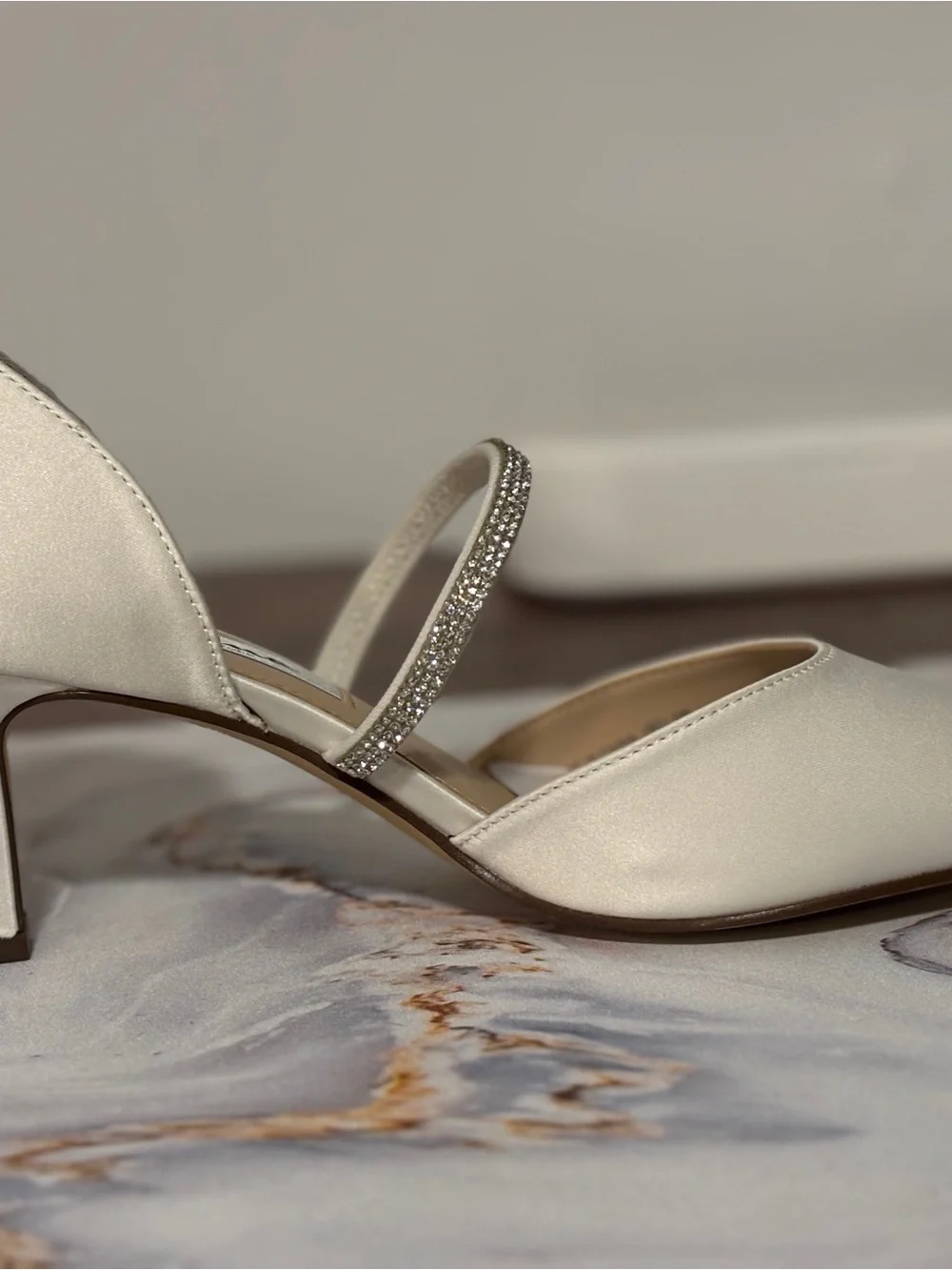 Nina Cream Satin Pointed-Toe Heels with Crystal Strap